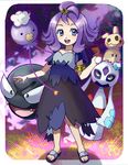  :d acerola_(pokemon) armlet balloon blue_eyes breasts cloud collarbone costume dress drifloon elite_four eyelashes fangs fingernails flipped_hair froslass full_body gastly gen_1_pokemon gen_4_pokemon hair_ornament heart highres holding holding_poke_ball ice looking_at_viewer looking_away looking_to_the_side on_head open_mouth outline pikachu_costume poke_ball poke_ball_(generic) pokemon pokemon_(creature) pokemon_(game) pokemon_on_head pokemon_sm purple purple_eyes purple_hair sandals short_hair short_sleeves small_breasts smile standing stitches tareme teeth tongue topknot torn_clothes torn_dress torn_sleeves trial_captain yellow_sclera yu_(mekeneko1998) 