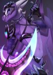  2018 5_fingers anthro blue_eyes dragon fefairy hair holding_object holding_weapon horn male melee_weapon polearm purple_scales scales scythe smile solo teeth weapon white_hair 