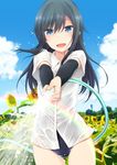 :d arm_warmers armpit_peek asashio_(kantai_collection) bangs black_hair blue_eyes blue_sky blurry cloud cowboy_shot day depth_of_field dress_shirt eyebrows_visible_through_hair flower hose kantai_collection long_hair nagami_yuu one-piece_swimsuit open_mouth outdoors plant rainbow see-through shirt short_sleeves sky smile solo sparkle sunflower swimsuit swimsuit_under_clothes up_sleeve water wet wet_clothes wet_shirt 