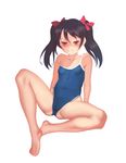  absurdres barefoot black_hair blue_swimsuit blush breasts competition_school_swimsuit hair_ribbon highleg highleg_swimsuit highres jidan_hua long_hair love_live! love_live!_school_idol_project one-piece_swimsuit red_eyes red_ribbon ribbon school_swimsuit simple_background sitting small_breasts solo spread_legs strap_slip swimsuit twintails white_background yazawa_nico 