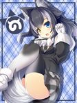  animal_ears black_hair blue_eyes blush breasts fur_collar gloves grey_wolf_(kemono_friends) heterochromia highres japari_symbol kemono_friends liya long_hair long_sleeves looking_at_viewer multicolored_hair necktie open_mouth pencil skirt small_breasts solo tail two-tone_hair wolf_ears wolf_tail yellow_eyes 
