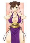  1girl :) alternate_costume bare_legs breasts brown_eyes brown_hair capcom chun-li double_bun female large_breasts looking_at_viewer makeup nipples no_bra ryoushun standing street_fighter street_fighter_iv 