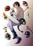  black_hair closed_eyes crying flower gloves gradient gradient_background joker_(persona_2) kiyomiya kurosu_jun lying male_focus mask parted_lips persona persona_2 pom_pom_(clothes) spoilers tears white_gloves 