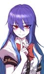  &gt;:) arm_at_side blue_hair blush buttons center_frills closed_mouth collared_shirt commentary eyebrows_visible_through_hair eyes_visible_through_hair gradient_hair hair_between_eyes hinanawi_tenshi index_finger_raised long_hair looking_at_viewer miata_(miata8674) multicolored_hair no_headwear pale_skin puffy_short_sleeves puffy_sleeves purple_hair red_eyes shirt short_sleeves simple_background sketch smile solo straight_hair touhou tsurime upper_body v-shaped_eyebrows white_background white_shirt white_skin wing_collar 