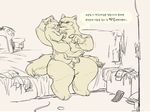  anthro armello bed breasts canine dialogue discarded_clothing duo female frown junyois korean_text larger_female magna_(armello) male mammal nude pointing size_difference smaller_male smile text translation_request wolf yellow_eyes 
