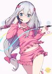  azumi_akitake blue_eyes blush bow breasts collarbone commentary_request copyright_name cowboy_shot eromanga_sensei hair_bow hair_ribbon headphones izumi_sagiri long_hair looking_at_viewer microphone open_mouth pencil pink_shirt pink_shorts ribbon shirt shorts silver_hair small_breasts solo standing standing_on_one_leg white_background 