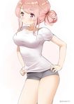  artist_name boyshorts breasts collarbone commentary_request dated eyebrows_visible_through_hair hair_bun hand_on_hip kaisen_chuui large_breasts looking_to_the_side original pink_eyes pink_hair shirt shirt_pull short_shorts shorts solo t-shirt taut_clothes taut_shirt white_background white_shirt 