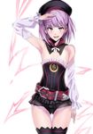  :d armpits ass_visible_through_thighs bare_shoulders belt black_legwear cowboy_shot detached_collar detached_sleeves eyebrows_visible_through_hair fate/grand_order fate_(series) flat_chest hat helena_blavatsky_(fate/grand_order) looking_at_viewer microskirt open_mouth purple_eyes purple_hair salute short_hair simple_background skirt smile solo thigh_gap thighhighs tree_of_life ulrich_(tagaragakuin) v-shaped_eyebrows white_background white_sleeves 