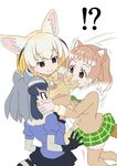  3girls animal_ears black-tailed_prairie_dog_(kemono_friends) blonde_hair bow bowtie brown_eyes commentary common_raccoon_(kemono_friends) fennec_(kemono_friends) fox_ears fur_collar gloves grey_hair hand_on_another's_face hands_on_another's_cheeks hands_on_another's_face jealous kemono_friends kou_oishi motion_lines multicolored_hair multiple_girls o3o official_style prairie_dog_ears raccoon_ears raccoon_tail short_hair short_sleeves skirt smile tail white_background 