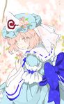  bangs blue_kimono blush cherry_blossoms floral_print from_side hat japanese_clothes kimono long_sleeves mob_cap obi petals pink_eyes pink_hair ribbon-trimmed_collar ribbon_trim saigyouji_yuyuko sash seeker sketch smile solo touhou triangular_headpiece veil wide_sleeves 