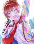  :d amamiya_kanade arm_up bad_id bad_pixiv_id blush dorifesu! dutch_angle high_ponytail idol looking_at_viewer male_focus microphone necktie open_mouth ponytail red_hair red_neckwear smile solo sparkle sweat tsuchiya_(1315444) yellow_eyes 