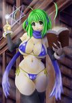  1girl artist_request bikini character_request female looking_at_viewer magic ninja nipples shiny_skin short_hair smile spellbook standing swimsuit thong twintails 