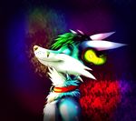  2016 anthro black_nose blue_fur canine collar digital_media_(artwork) eyes_closed fox fur green_hair hair headphones hi_res male mammal neck_fur ranth ranthead simple_background smile solo spots spotted_fur white_fur 