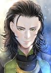  alexa_pasztor artist_name black_hair closed_mouth green_eyes hair_slicked_back jacket light_particles loki_(marvel) male_focus marvel portrait smile solo 