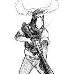  anthro antlers badge bandage black_and_white blood cervine cigarette clothing gun hladilnik horn male mammal monochrome moose police police_uniform ranged_weapon shotgun solo uniform weapon 