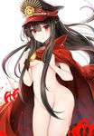  black_hair breasts cape clenched_hands cowboy_shot family_crest fate/grand_order fate_(series) groin hair_between_eyes hair_censor hat koha-ace long_hair looking_at_viewer luse_maonang naked_cape navel oda_nobunaga_(fate) oda_uri peaked_cap red_cape red_eyes small_breasts smile solo very_long_hair 