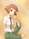  1girl amputee barefoot brown_hair crying dandelion feet female green_eyes katawa_shoujo megtamine necktie soles solo tears tezuka_rin toes 