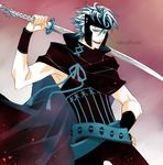  alexa_pasztor aqua_eyes bleach blood cape cosplay grimmjow_jaegerjaquez hand_on_hip headgear kurogane_(tsubasa_chronicle) kurogane_(tsubasa_chronicle)_(cosplay) male_focus open_mouth smile solo sword tsubasa_chronicle weapon white_hair 