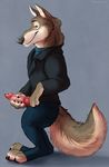  animal_genitalia animal_penis anthro blue_background canine canine_penis claws clothed clothing disney erection fluffy fluffy_tail fully_clothed fur grey_fur jeans knot looking_at_viewer male mammal marjani pants paws penis pocket red_penis simple_background smile solo suit tan_fur wolf zootopia 