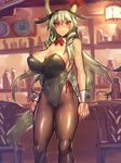  animal_ears arms_at_sides bar black_legwear black_leotard blush bow bowtie breasts chair cleavage covered_navel detached_collar embarrassed ex-keine fake_animal_ears feet_out_of_frame frown green_hair highleg highleg_leotard highres horn_ribbon horns indoors kamishirasawa_keine large_breasts leotard long_hair looking_at_viewer melon22 nose_blush pantyhose playboy_bunny_leotard red_bow red_eyes red_neckwear ribbon solo strapless strapless_leotard sweatdrop thighs toned touhou tsurime very_long_hair wrist_cuffs 