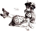  bandaid bandaid_on_face boots commentary cross-laced_footwear dated food fruit greyscale hat highres hinanawi_tenshi lace-up_boots long_hair looking_at_viewer looking_back monochrome mushroom_(osh320) peach red_eyes short_sleeves signature sitting solo touhou 