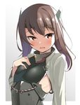  arm_at_side blush breasts brown_eyes brown_hair commentary hair_between_eyes hand_on_own_chest headband headgear kantai_collection kurogoma_(haruhi3) looking_at_viewer muneate open_mouth short_hair small_breasts solo taihou_(kantai_collection) upper_body 