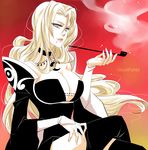  alexa_pasztor artist_name bare_shoulders black_dress bleach blonde_hair blue_eyes breasts choker cleavage cosplay crossed_legs dress ichihara_yuuko ichihara_yuuko_(cosplay) large_breasts lips long_hair matsumoto_rangiku mole mole_under_mouth orange_background pipe smile smoke solo wide_sleeves xxxholic 