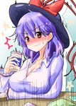  1girl bag bangs beer_can black_hat blue_background blush breasts can cleavage collared_shirt embarrassed gradient gradient_background hair_between_eyes hat hat_ribbon highres holding holding_can large_breasts long_sleeves looking_at_viewer nagae_iku nose_blush open_collar oshiaki purple_hair red_eyes ribbon shirt solo star surprised sweat sweatdrop table touhou upper_body white_shirt 