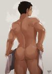  8_(yamalu) ass back bara black_hair closed_mouth contrapposto covering from_behind grey_eyes haikyuu!! highres male_focus muscle nude_cover sawamura_daichi signature simple_background solo standing thighs towel 