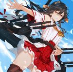  ass_visible_through_thighs black_hair brown_eyes cloud day detached_sleeves dutch_angle frilled_skirt frills fukuda935 haruna_(kantai_collection) kantai_collection long_hair miniskirt nontraditional_miko skirt sky solo turret wide_sleeves wind 