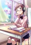  ahoge book brown_eyes brown_hair cardigan cellphone chair cherry_blossoms classroom desk glasses hair_ornament hairclip headphones highres indoors original pen pencil_case phone ribbon school school_desk school_uniform semi-rimless_eyewear sitting skirt smile solo under-rim_eyewear wadapen window 