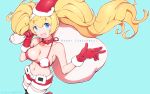  1girl bikini_top blonde_hair blue_eyes boots breasts christmas fur_trim gambier_bay_(kantai_collection) gloves hairband hat large_breasts merry_christmas midriff nakaaki_masashi navel personification red_gloves sack santa_costume santa_hat short_shorts shorts solo thigh_boots thighhighs twintails 