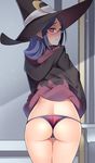  ass blue_hair blush dress dress_lift embarrassed glasses half-closed_eyes hat kippuru lips little_witch_academia long_hair looking_at_viewer looking_back pink_lips red_eyes solo sweat sweatdrop thigh_gap thighs thong ursula_charistes witch witch_hat 