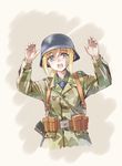  ammunition_pouch belt belt_buckle blonde_hair blue_eyes buckle camouflage canteen collarbone commentary epaulettes germany hands_up helmet highres load_bearing_equipment longmei_er_de_tuzi luftwaffe military military_uniform open_mouth original ponytail pouch scared sidelocks simple_background sketch soldier solo stahlhelm swastika uniform upper_body world_war_ii 