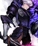  armor black_armor blue_fire cowboy_shot fire from_below gauntlets holding holding_sword holding_weapon looking_at_viewer male_focus odin_sphere oswald_(odin_sphere) parted_lips purple_eyes racoona sideways_glance solo standing sword weapon 
