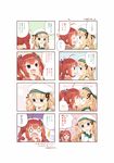  2girls 4koma :d ahoge blonde_hair blue_eyes blush borrowed_character comic commentary_request covering_mouth embarrassed emphasis_lines fang hair_ornament hair_ribbon hat hazuki_watora highres hood hoodie kiss long_hair muku_(muku-coffee) multiple_4koma multiple_girls naked_hoodie noses_touching o_o open_mouth original profile red_hair ribbon shimotsuki_potofu smile tears translation_request twintails two_side_up yuri 