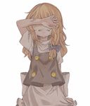  apron arm_up blonde_hair bow braid clenched_teeth clothes_grab covering_eyes covering_face crying despair dripping grimace hair_bow iiha_toobu kirisame_marisa long_hair muted_color no_hat no_headwear sad single_braid sobbing solo tears teeth touhou turtleneck vest waist_apron wiping_tears 