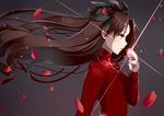  blush brown_hair fate/stay_night fate_(series) gem grey_background hair_ribbon highres kyona_(konakona) long_hair open_mouth petals red_sweater ribbon shiny shiny_hair simple_background sweater toosaka_rin two_side_up 