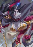  anthro black_hair breasts cleavage clothed clothing equine eyebrows eyelashes eyeshadow female hair horn inner_ear_fluff jewelry kuroame makeup mammal multicolored_hair necklace open_mouth red_eyes red_hair solo staff two_tone_hair unicorn 