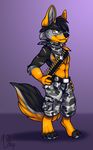  2017 abs anthro bandanna bandolier belt black_fur black_nose camo canine cheek_tuft chest_tuft claws clothed clothing collar digitigrade dog_tags eyewear fangs fluffy fluffy_tail folf fox fur glasses grey_fur hand_on_hip hybrid inner_ear_fluff kazuto_nightwolf looking_at_viewer male mammal military muscular nox_(artist) orange_fur partially_clothed scar signature simple_background solo topless tuft wolf yellow_eyes 
