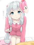  :o all_fours bad_id bad_pixiv_id blue_eyes bow eromanga_sensei hair_bow highres hoshikuzu_witch_meruru izumi_sagiri long_hair looking_at_viewer mask mask_on_head meruru_(oreimo) pajamas pink_bow revision silver_hair solo stylus suzuharu_toufu translated 