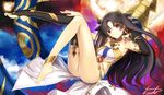  anklet armlet ass asymmetrical_legwear asymmetrical_sleeves bare_shoulders barefoot black_hair breasts bridal_gauntlets earrings elbow_gloves fate/grand_order fate_(series) feet gloves hair_ribbon heavenly_boat_maanna highres hoop_earrings ishtar_(fate/grand_order) jewelry kauto light_smile long_hair long_legs looking_at_viewer medium_breasts neck_ring pelvic_curtain red_eyes ribbon signature single_elbow_glove single_thighhigh solo thighhighs thighs toeless_legwear two_side_up 