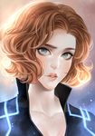  alexa_pasztor aqua_eyes artist_name backlighting black_widow breasts brown_hair cleavage collarbone lips marvel medium_breasts natasha_romanoff parted_lips solo thick_lips upper_body watermark 