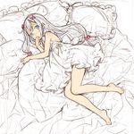  bare_legs barefoot blue_eyes bow dress eromanga_sensei hair_bow hand_to_own_mouth izumi_sagiri long_hair looking_at_viewer lying on_bed on_side ooyari_ashito silver_hair sketch solo white_dress 