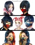  5girls black_eyes black_hair brown_eyes china_dress chinese_clothes dress face_mask glasses hat highres knite long_hair looking_at_viewer mask multicolored_hair multiple_boys multiple_girls short_hair simple_background two-tone_hair upper_body wenqing_yan 