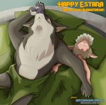  2017 after_sex anthro bed bedding blanket canine caprine dawn_bellwether disney duo english_text eyes_closed fan_character female fur grey_fur larger_anthro larger_male male mammal multicolored_fur nude pawpads pillow sheep size_difference smaller_anthro smaller_female text vernon_hunter wastedtimee wolf zootopia 