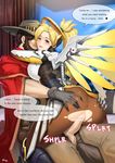  1boy 1girl abbb blonde_hair blue_eyes clothed_sex crotch_cutout cum cum_in_pussy gloves hat mccree_(overwatch) mechanical_halo mechanical_wings mercy_(overwatch) overwatch pantyhose parted_lips penis pussy speech_bubble testicles torn_pantyhose 