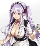  breasts cleavage creamer_(vessel) cup demon_horns horns houtengeki huge_breasts long_hair looking_at_viewer maid original pointy_ears purple_eyes purple_hair simple_background smile solo teacup twintails white_background wrist_cuffs 