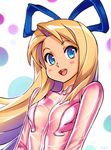  :d blonde_hair blue_eyes blush blush_stickers bodysuit bow breasts disgaea flonne hair_bow hair_ribbon highres long_hair looking_at_viewer open_mouth pink_bodysuit ribbon small_breasts smile solo typo_(requiemdusk) upper_body 