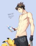  aoi_taishi assisted_exposure bad_id bad_pixiv_id black_gloves blue_background bottle brown_hair character_name copyright_name fingerless_gloves gen_1_pokemon gloves highres male_protagonist_(pokemon_go) penis penis_peek pikachu pokemon pokemon_(creature) pokemon_go pubic_hair shirt_removed shirtless short_hair shorts shorts_pull simple_background visor_cap water_bottle 